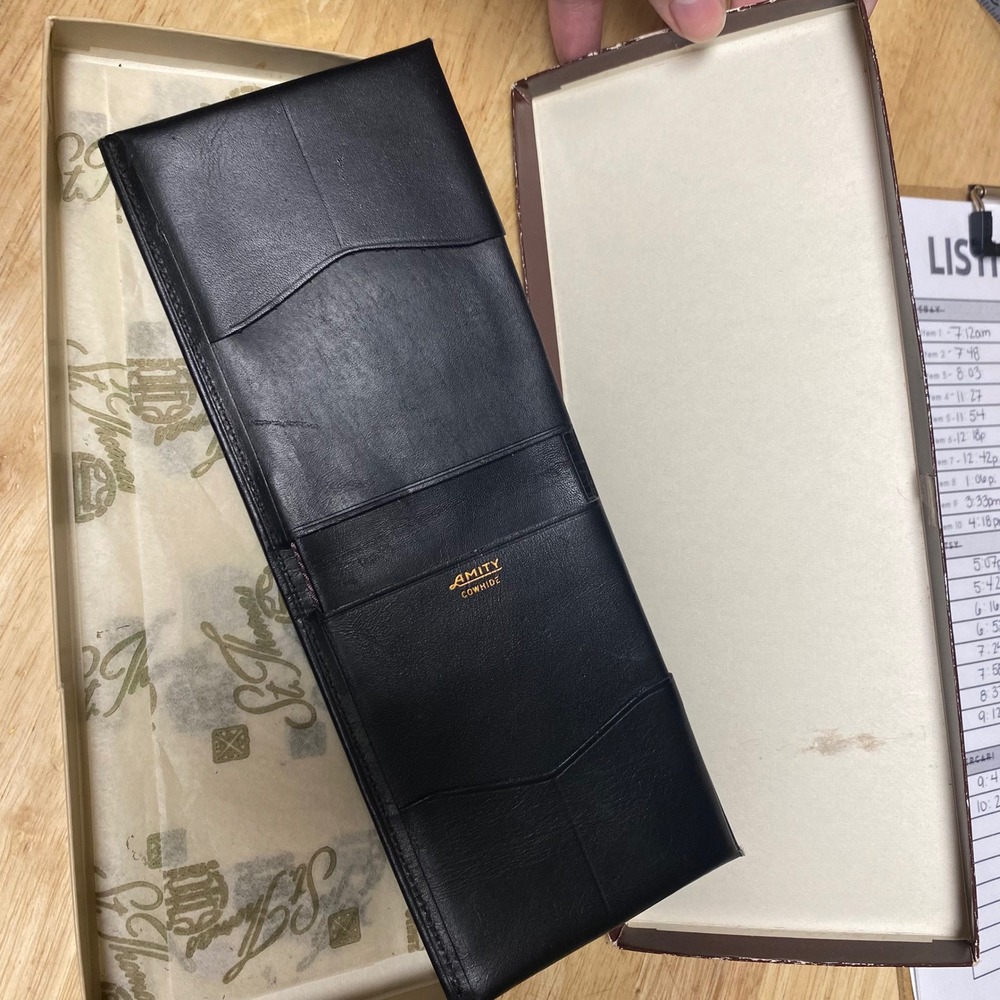 Vintage Amity Cowhide Leather Long Wallet Black Slim Secretary Wallet St Thomas